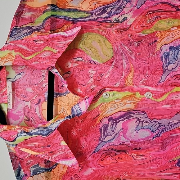 Vtg Carol Henry 70s Vibrant Marbled Sheer Button Up, LS, Large, Pink Blue Orange - Picture 3 of 10